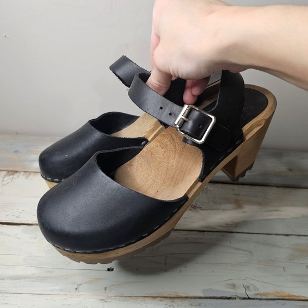 MIA Black Leather Clogs